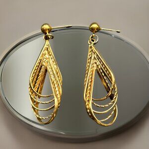 Vintage Intricate Goldtone Multi Teardrops Dangle Drop Studded Earrings c1980’s